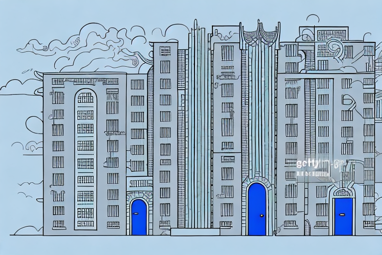 A symbolic representation of a large building (representing companies house) with various doors and windows (representing different roles and functions)